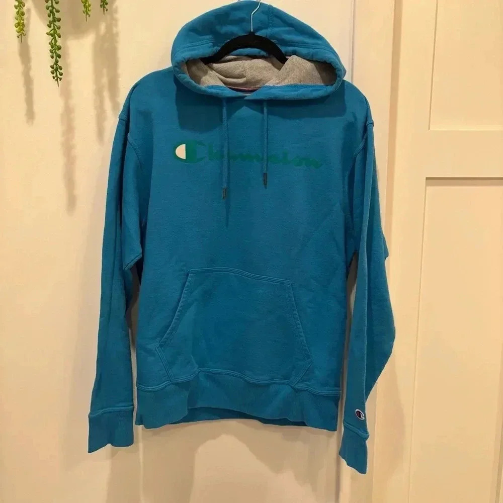 Champion Blue Hoodie with Green Logo Grey Lined Hood Size Medium